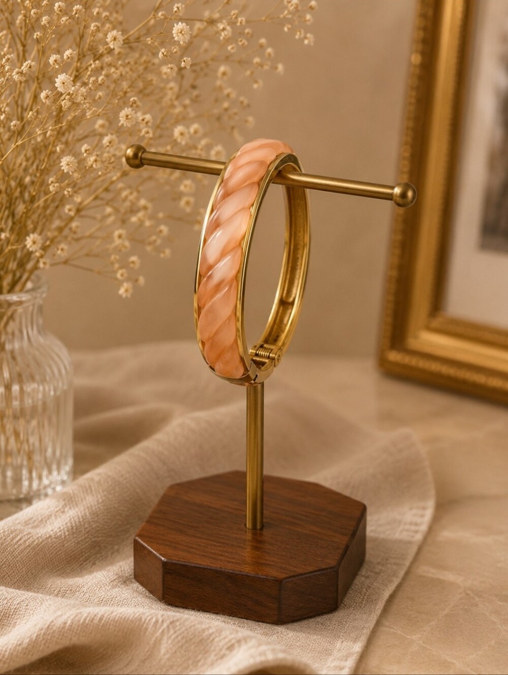 Peach/pink Lucite Swirl Bangle Bracelet with Gold Trim